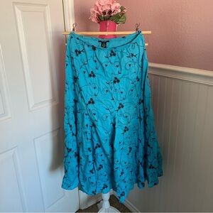 A-Line Linen Karen Kane Skirt, Turquoise with Black Pattern, size M, 36” length